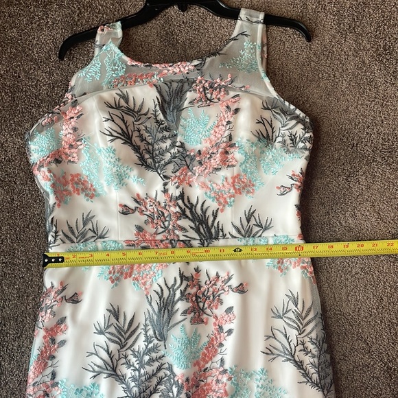 Nicole Miller NY Cocktail Dress Sheer Mesh Embroidered Aqua Mist Coral White 12 - Picture 7 of 12